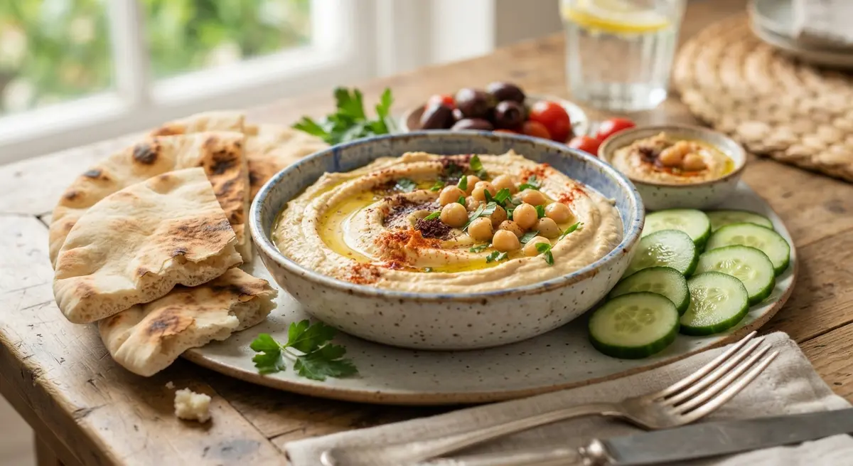 Silky Classic Vegan Hummus with Pita Pockets & Cucumber Coins